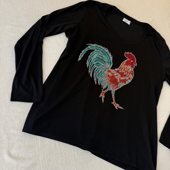 Becky's Boutique Womens XL Black Rhinestone Rooster V-Neck Long Sleeve Shirt - Picture 7 of 8